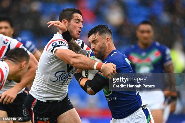 Wayde Egan of the Warriors charges forward during the round nine NRL match between New Zealand Warriors and Sydney Roosters at Mt Smart Stadium on...