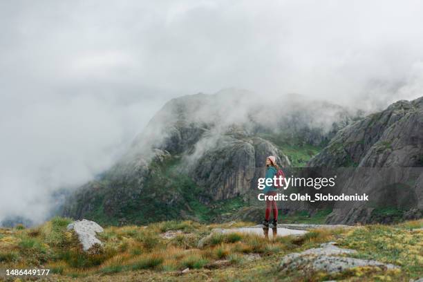 woman hiking in mountains  in norway - fjord stock pictures, royalty-free photos & images