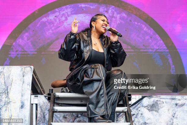 Jazmine Sullivan performs on Day Two of 2023 New Orleans Jazz & Heritage Festival at Fair Grounds Race Course on April 29, 2023 in New Orleans,...