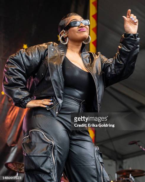 Jazmine Sullivan performs on Day Two of 2023 New Orleans Jazz & Heritage Festival at Fair Grounds Race Course on April 29, 2023 in New Orleans,...