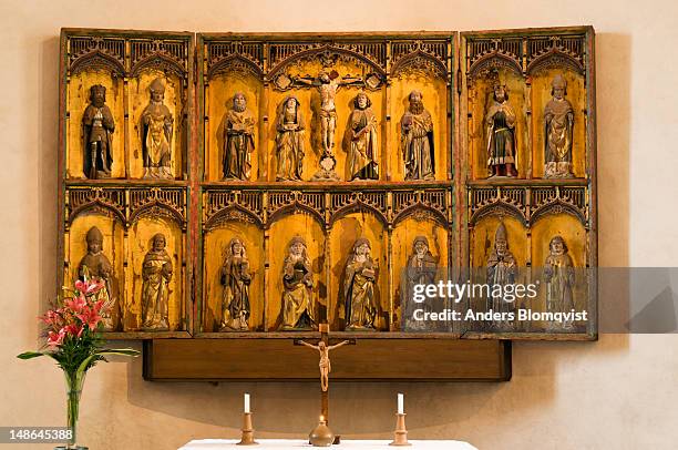 triptych in gamla uppsala kyrka. - triptych stock pictures, royalty-free photos & images