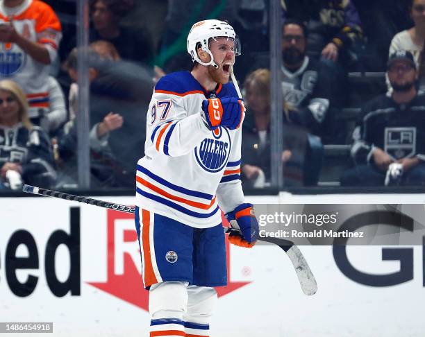 Connor McDavid of the Edmonton Oilers celebrates a 5-4 win against the Los Angeles Kings in Game Six of the First Round of the 2023 Stanley Cup...