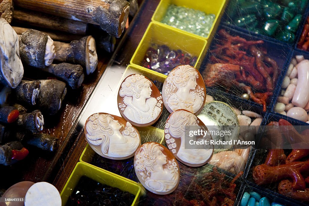 Cameos displayed in the Cameo and Coral Factory, Amalfi Coast.
