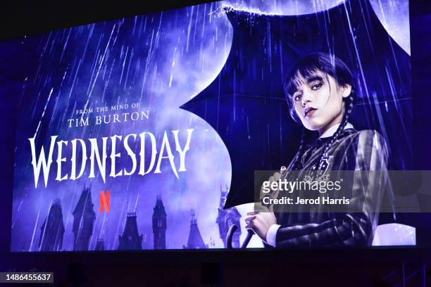 View of signage is seen during Netflix's "Wednesday" ATAS Official Event at Hollywood Forever Cemetery on April 29, 2023 in Hollywood, California.