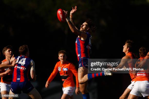 Sam Naismith of Port Melbourne contests the ruck during the round six VFL match between Port Melbourne and Greater Western Sydney at ETU Stadium on...