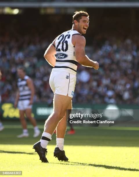 Tom Hawkins of the Cats celebrates after scoring a goal during the round seven AFL match between Essendon Bombers and Geelong Cats at Melbourne...