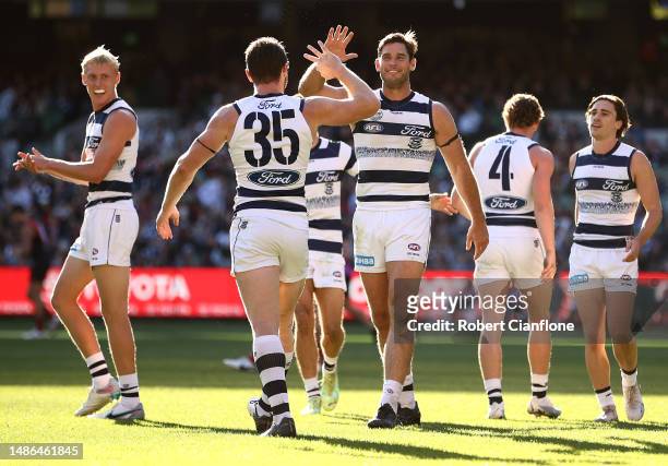 Tom Hawkins of the Cats celebrates after scoring a goal during the round seven AFL match between Essendon Bombers and Geelong Cats at Melbourne...