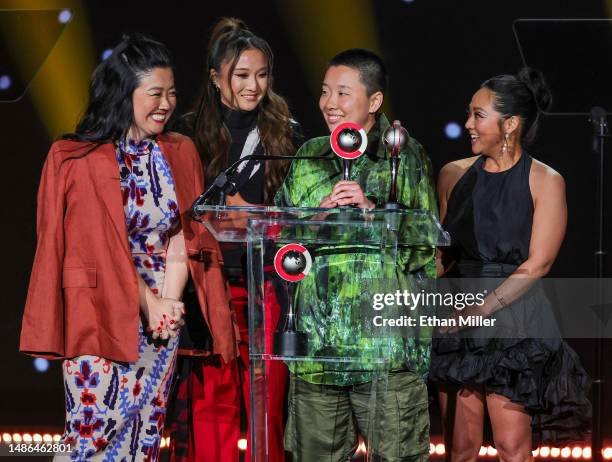 Joy Ride" cast members Sherry Cola, Ashley Park, Sabrina Wu and Stephanie Hsu accept the Comedy Ensemble Award onstage during the CinemaCon Big...