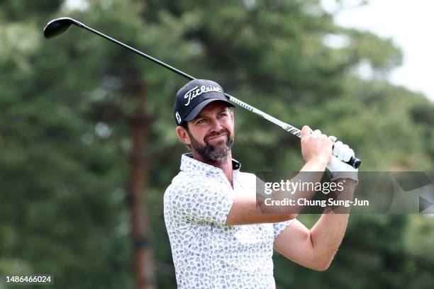 Scott Jamieson of Scotland hits his tee shot on the 4th hole on Day Four of the Korea Championship Presented by Genesis at Jack Nicklaus GC Korea on...