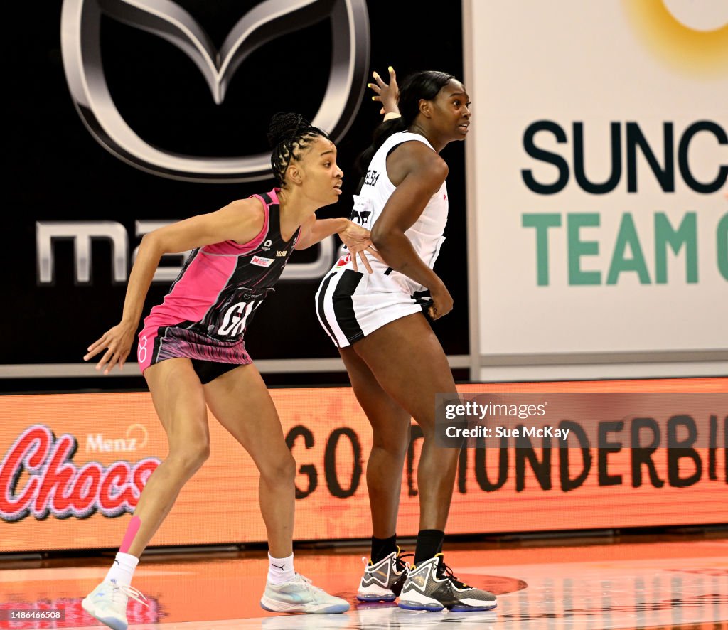 Shamera Sterling of the Adelaide Thunderbirds and Shimona Nelson of