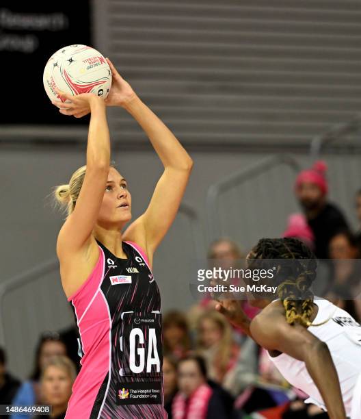 Tippah Dwan of the Adelaide Thunderbirds shoots for goal during the round seven Super Netball match between Adelaide Thunderbirds and Collingwood...