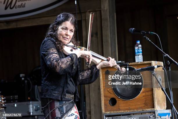 Tara Nevins of Donna the Buffalo performs during Merlefest at Wilkes Community College on April 29, 2023 in Wilkesboro, North Carolina.