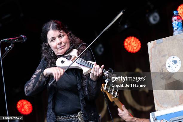 Tara Nevins of Donna the Buffalo performs during Merlefest at Wilkes Community College on April 29, 2023 in Wilkesboro, North Carolina.