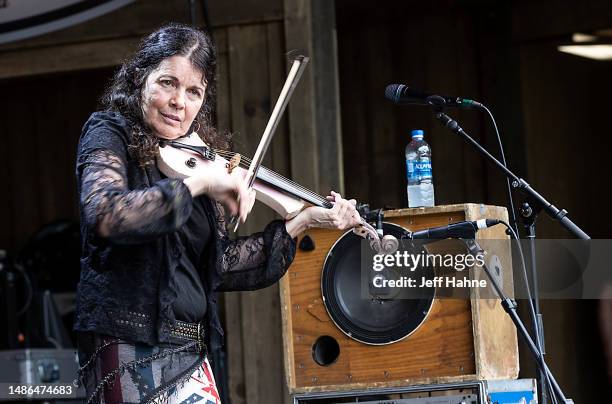 Tara Nevins of Donna the Buffalo performs during Merlefest at Wilkes Community College on April 29, 2023 in Wilkesboro, North Carolina.