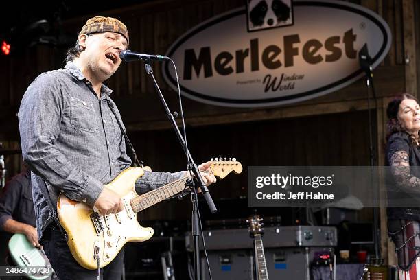 Singer/guitarist Jeb Puryear of Donna the Buffalo performs during Merlefest at Wilkes Community College on April 29, 2023 in Wilkesboro, North...