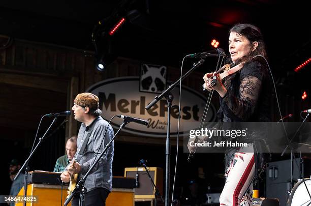 Singer/guitarist Jeb Puryear and Tara Nevins of Donna the Buffalo performs during Merlefest at Wilkes Community College on April 29, 2023 in...