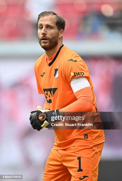 Oliver Baumann of Hoffenheim looks on during the Bundesliga match between RB Leipzig and TSG Hoffenheim at Red Bull Arena on April 29, 2023 in...