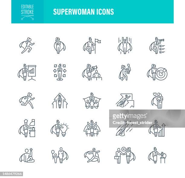 superwoman icons bearbeitbarer strich - frauenrechte stock-grafiken, -clipart, -cartoons und -symbole