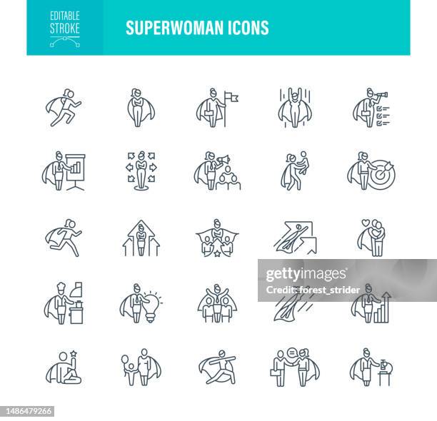 superwoman icons bearbeitbarer strich - heldin frau stock-grafiken, -clipart, -cartoons und -symbole