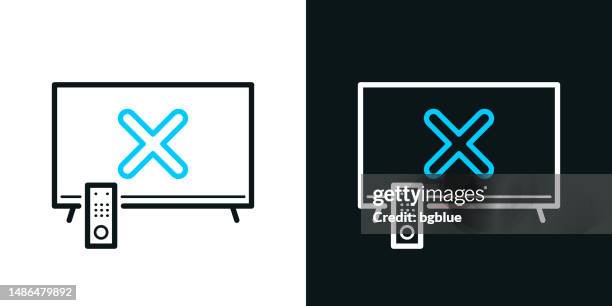 tv with cross mark. bicolor line icon on black or white background - editable stroke - technical difficulties tv stock illustrations