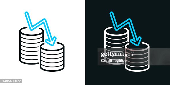 Money decrease. Bicolor line icon on black or white background - Editable stroke Money decrease. Bicolor line icon on black or white background - Editable stroke