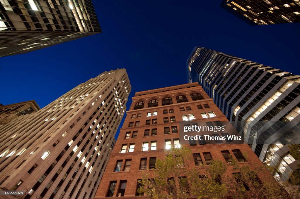 Highrise buildings at dusk, Downtown.