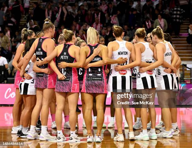 Adelaide Thunderbirds and Collingwood Magpies form a circle after the round seven Super Netball match between Adelaide Thunderbirds and Collingwood...
