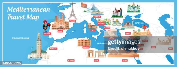 cartoon map of mediterranean - mosque hassan ii stock illustrations