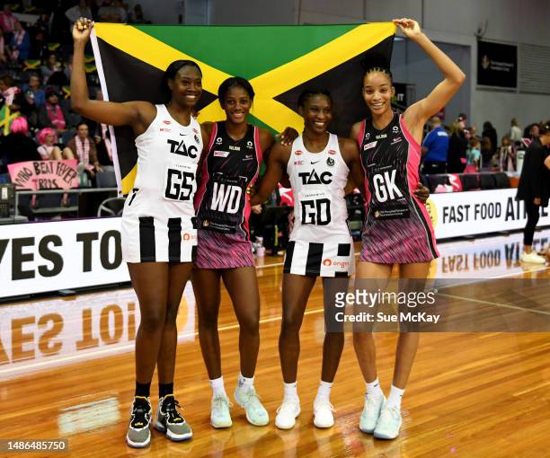 Shimona Nelson of the Magpies, Latanya Wilson of the Adelaide Thunderbirds, Jodi-Ann Ward of the Magpies and Shamera Sterling of the Adelaide...