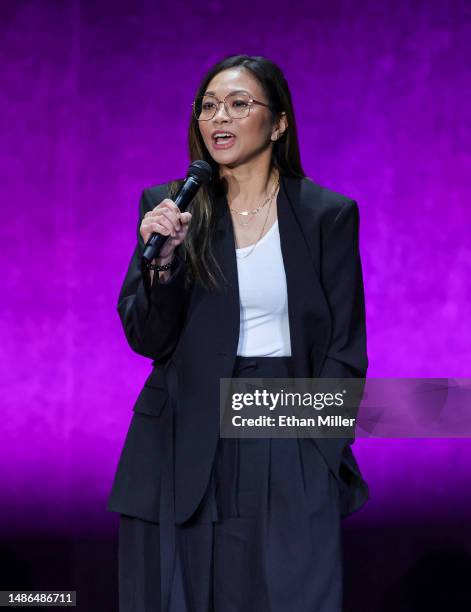 Adele Lim speaks onstage to promote the upcoming film "Joy Ride" during the Lionsgate presentation during CinemaCon, the official convention of the...