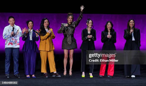 Sabrina Wu, Stephanie Hsu, Sherry Cola, Ashley Park, Teresa Hsiao, Cherry Chevapravatdumrong and Adele Lim speak onstage to promote the upcoming film...