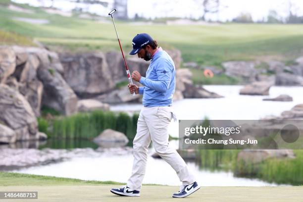 Pablo Larrazabal of Spain celebrates winning the tournament on the 18th green on Day Four of the Korea Championship Presented by Genesis at Jack...