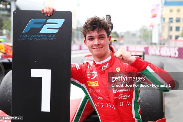 Race winner Oliver Bearman of Great Britain and PREMA Racing celebrates in parc ferme during the Round 4:Baku Feature race of the Formula 2...