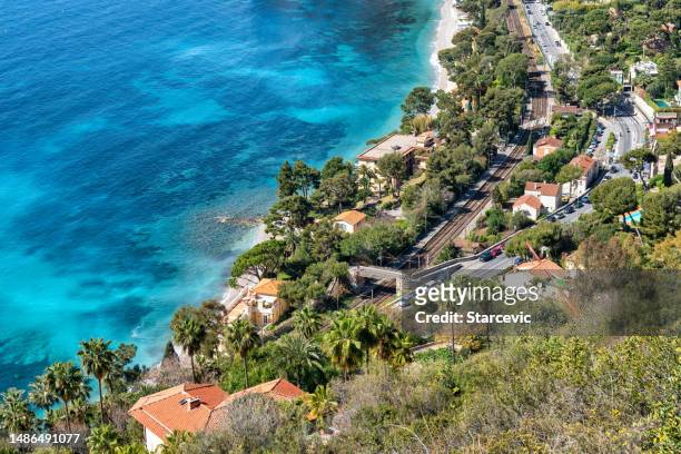 beautiful beach near eze in the french riviera - eze village stock pictures, royalty-free photos & images