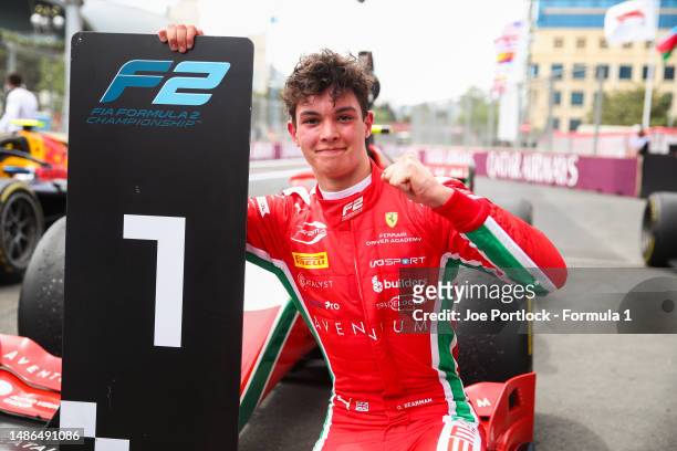 Race winner Oliver Bearman of Great Britain and PREMA Racing celebrates in parc ferme during the Round 4:Baku Feature race of the Formula 2...