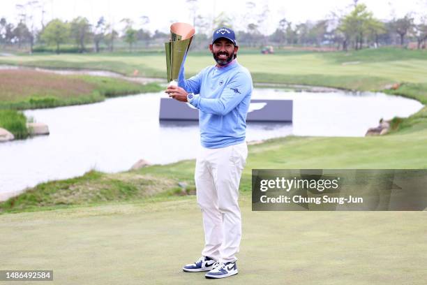 Pablo Larrazabal of Spain poses with the trophy after winning the tournament on Day Four of the Korea Championship Presented by Genesis at Jack...