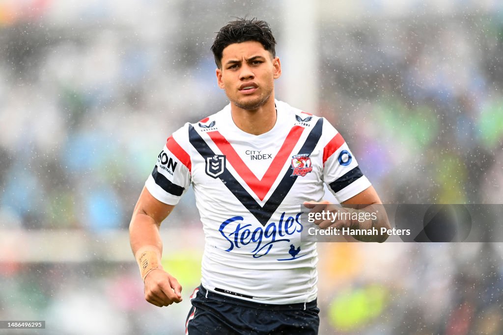 Jaxson Paulo of the Roosters looks on during the round nine NRL match ...
