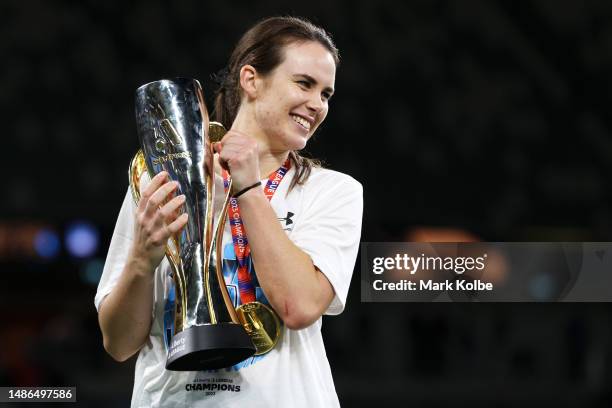 Natalie Tobin of Sydney FC poses with the trophy after victory in the A-League Women's Grand Final match between Western United and Sydney FC at...