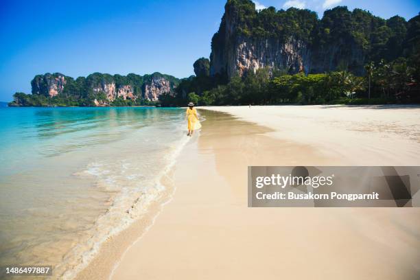 beautiful woman with dress walking on tropical beach - thailand beach stock-fotos und bilder