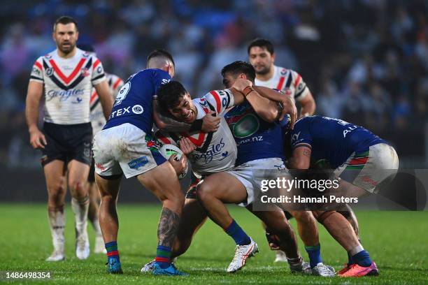 Joseph-Aukuso Suaalii of the Roosters charges forward during the round nine NRL match between New Zealand Warriors and Sydney Roosters at Mt Smart...