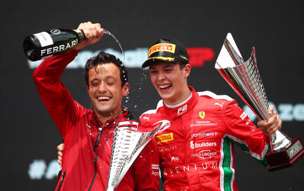 Oliver Bearman celebrates his win at the 2023 Baku Feature Race (Image Credit: Joe Portlock via Getty Images)