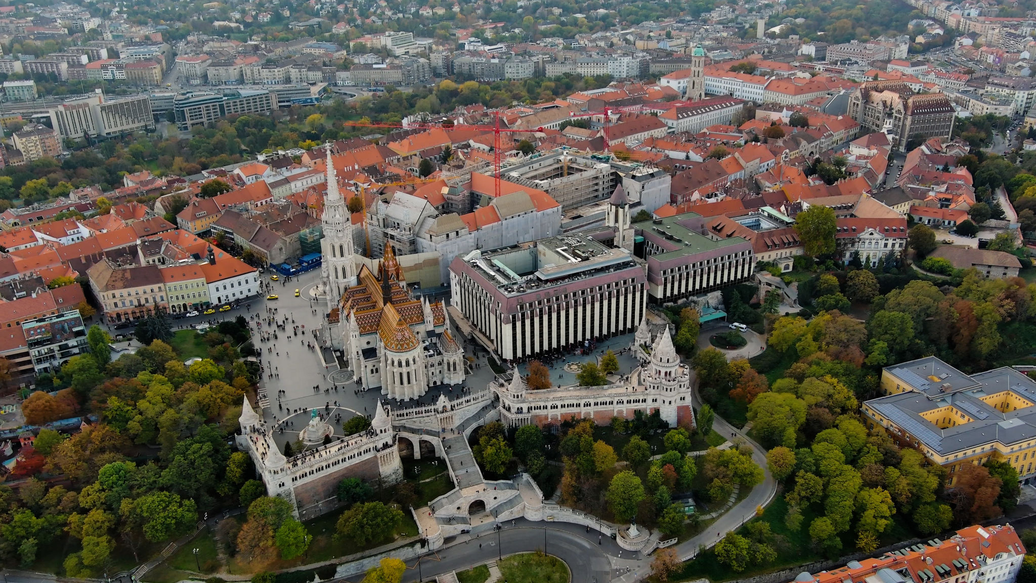 Budapest city skyline, aerial view. Fisherman's Bastion, Matthias Church, Buda side, cloudy day, Hungary Budapest city skyline, aerial view. Fisherman's Bastion, Matthias Church, Buda side, cloudy day, Hungary