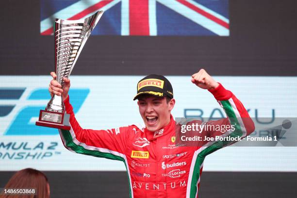 Race winner Oliver Bearman of Great Britain and PREMA Racing celebrates on the podium during the Round 4:Baku Feature race of the Formula 2...