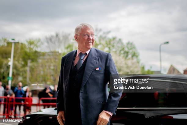 Sir Alex Ferguson arrives at the stadium prior to the Premier League match between Manchester United and Aston Villa at Old Trafford on April 30,...