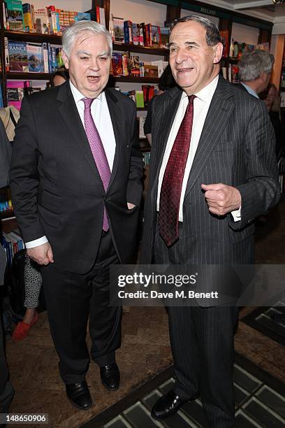 Baron Lamont of Lerwick and Leon Brittan attend Stanley Johnsons' book launch party at Daunt Books in Marylebone High St, on July 18, 2012 in London,...