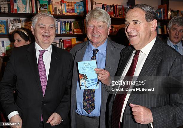 Baron Lamont of Lerwick, Stanley Johnson, Leon Brittan attend Stanley Johnsons' book launch party at Daunt Books in Marylebone High St, on July 18,...