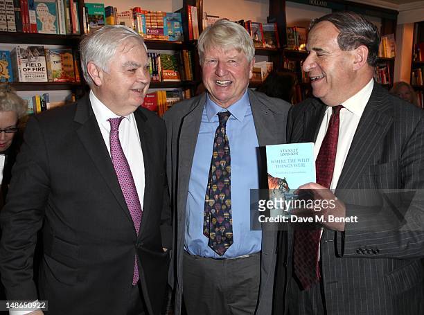 Baron Lamont of Lerwick, Stanley Johnson, Leon Brittan attend Stanley Johnsons' book launch party at Daunt Books in Marylebone High St, on July 18,...