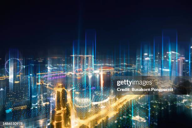 technology smart city with network communication internet of thing. internet concept of global business in singpore - advanced singapore fotografías e imágenes de stock