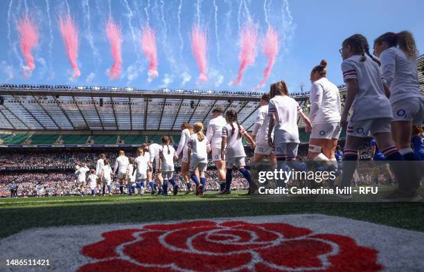General view as pyrotechnics are set off as the team takes to the pitch ahead of the TikTok Women's Six Nations match between England and France at...