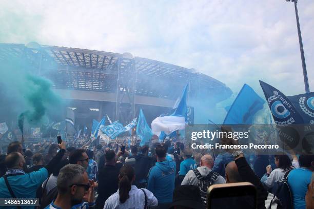 Napoli supporters celebrate before the Serie A match between SSC Napoli and Salernitana at Stadio Diego Armando Maradona on April 30, 2023 in Naples,...